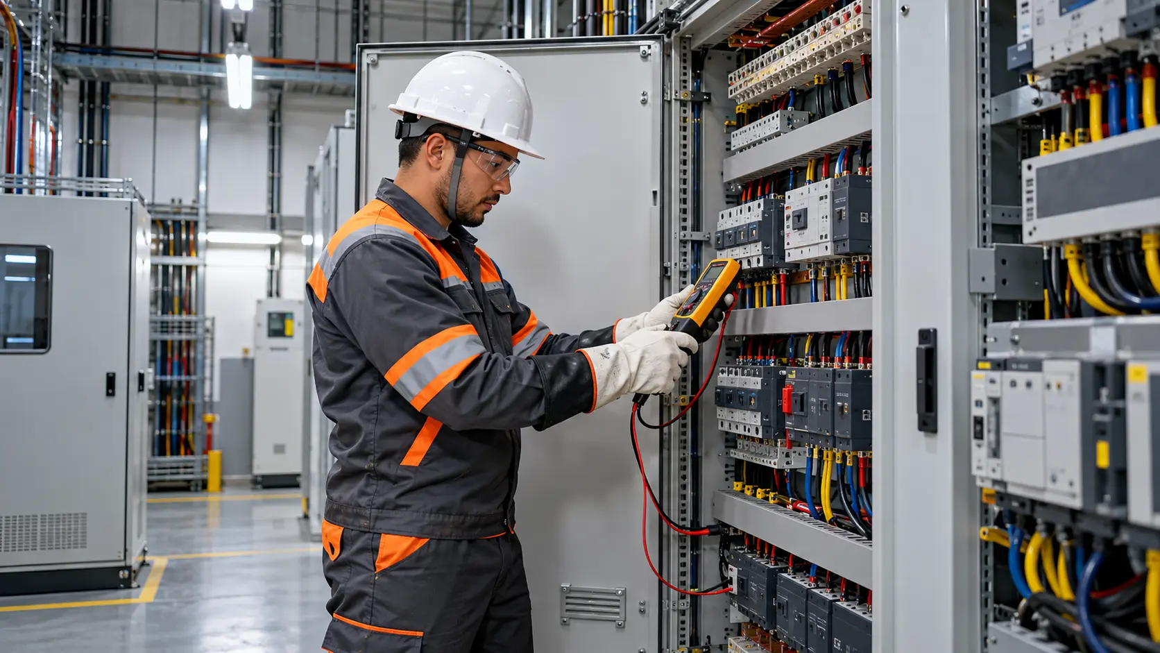 Técnico da 5K Engenharia com equipamento de proteção em inspeção de painel elétrico