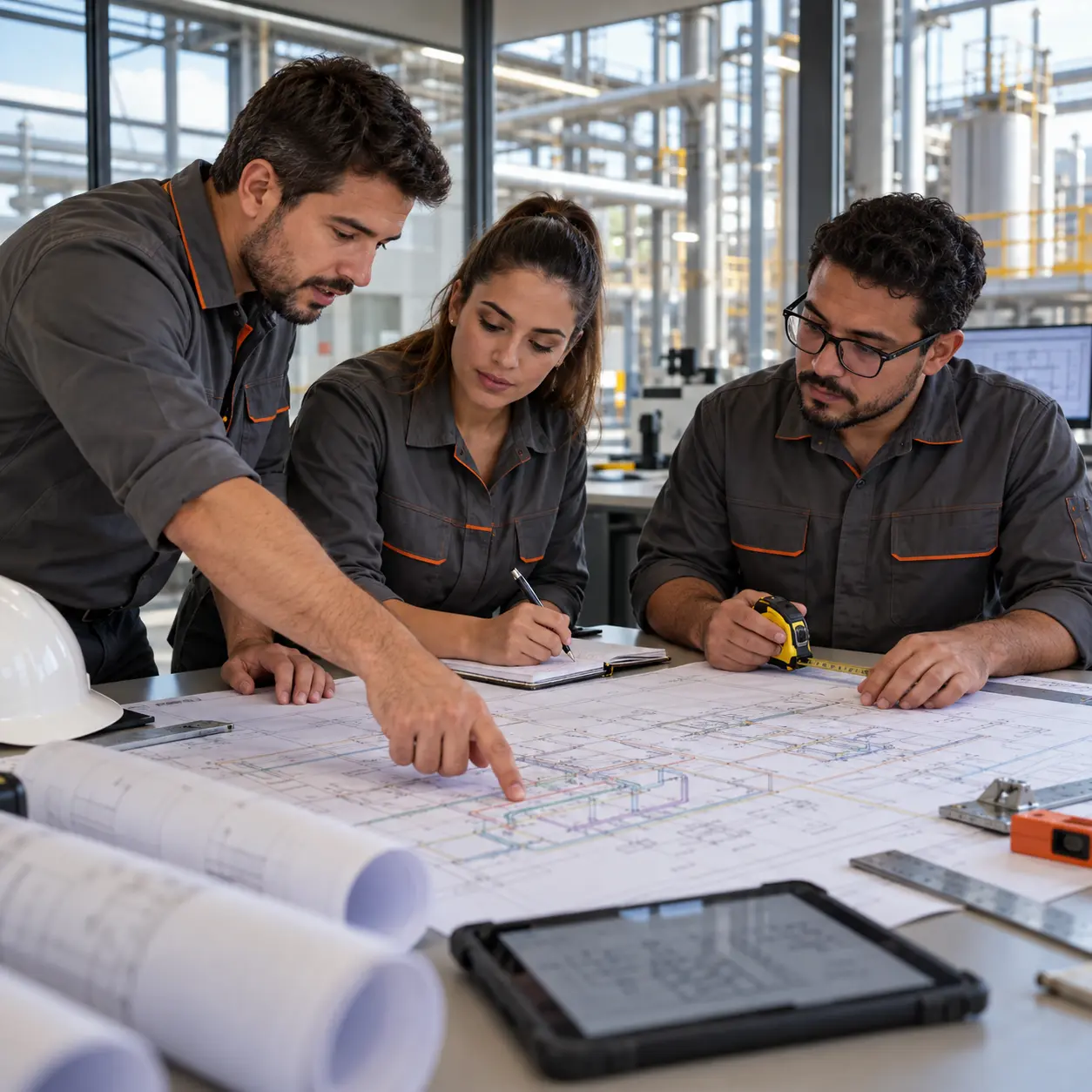 Equipe técnica da 5K Engenharia em planejamento de projeto de instalações